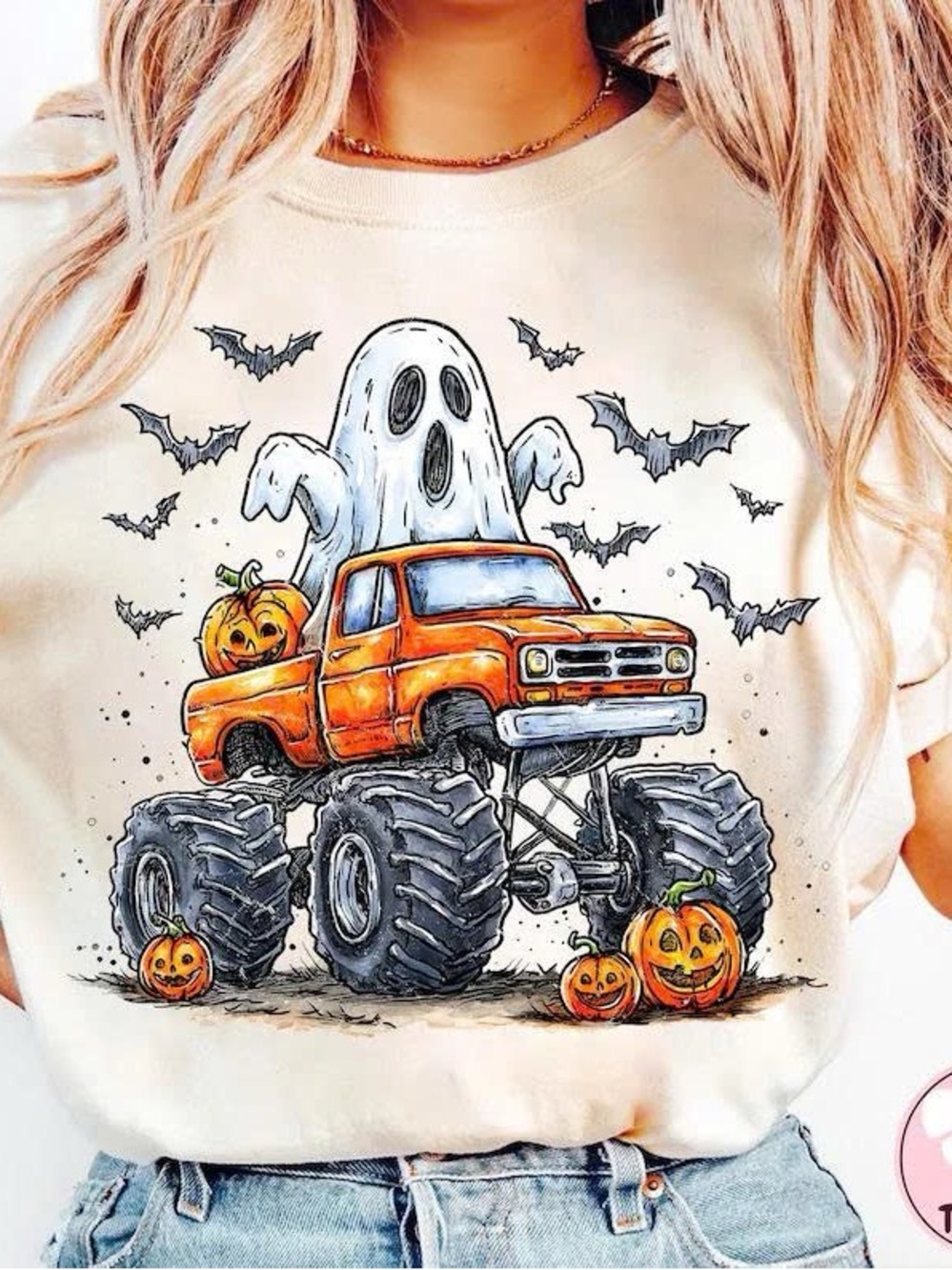 Gildan Cream Tee with Orange Monster Truck Ghost Design
